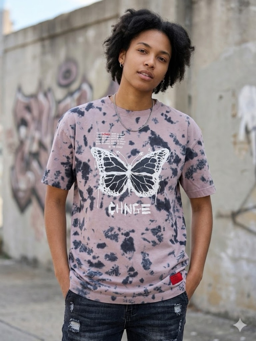 Chnge Tie-Dye Butterfly Graphic Tee in Dusty Mauve and Black